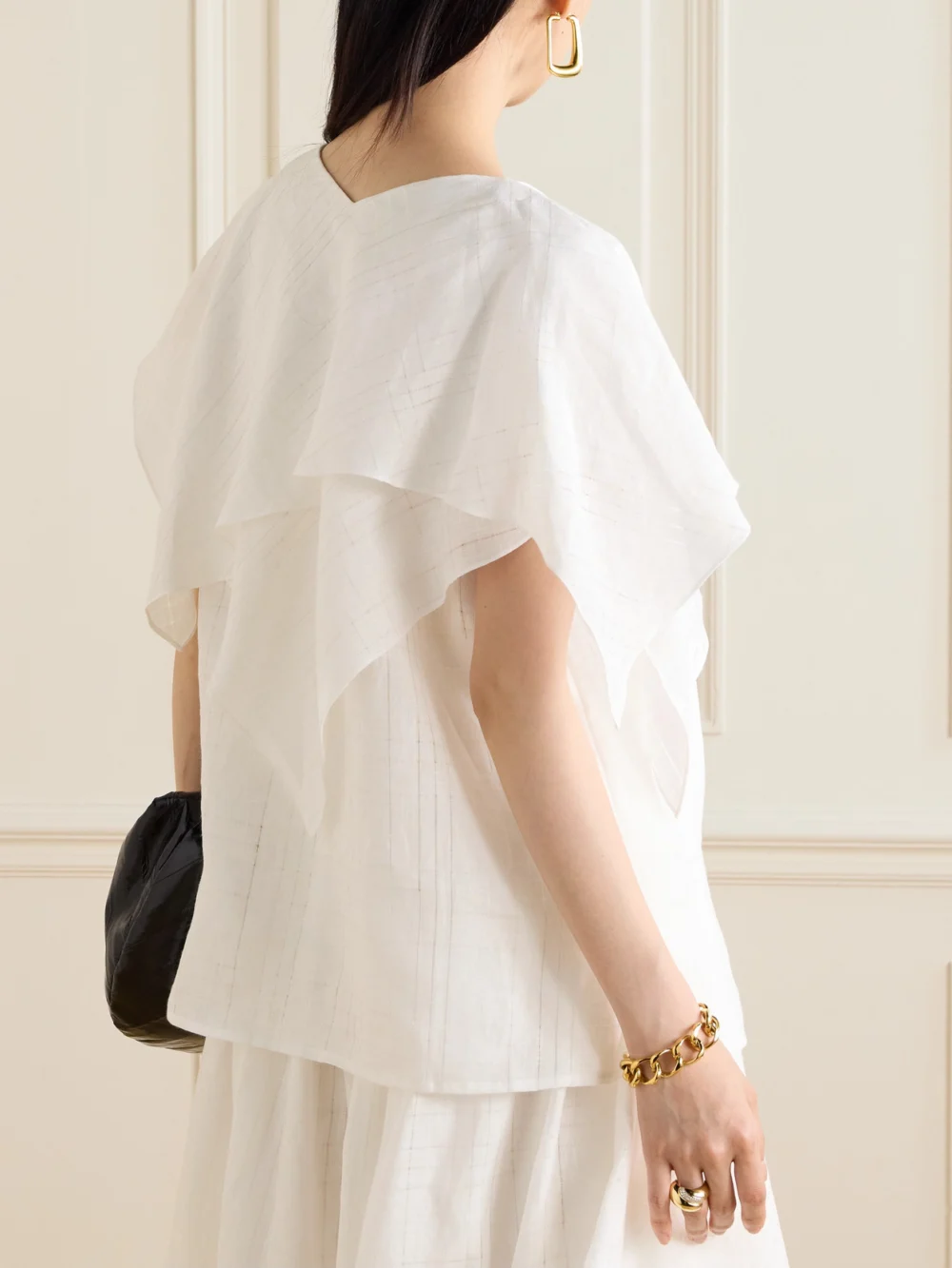 Back view of the Salon 1884 Mira Draped Layered Linen Top
