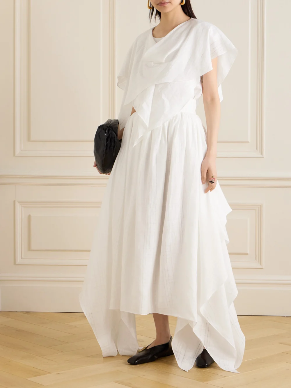 Salon 1884 Mira Draped Layered Linen Top, worn by a model