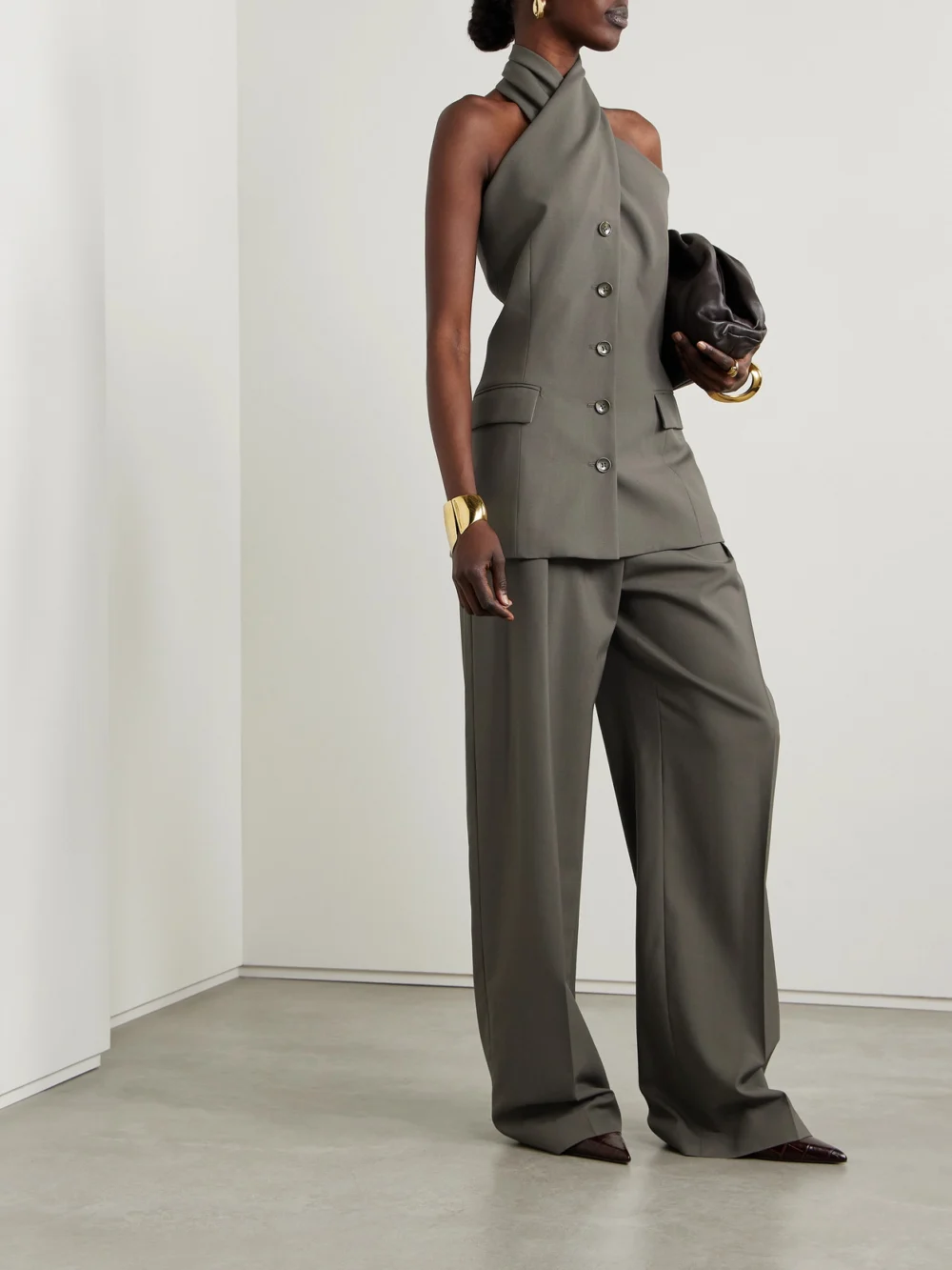 Salon 1884 Odile Pleated Wool Wide-leg Pants, worn by a model