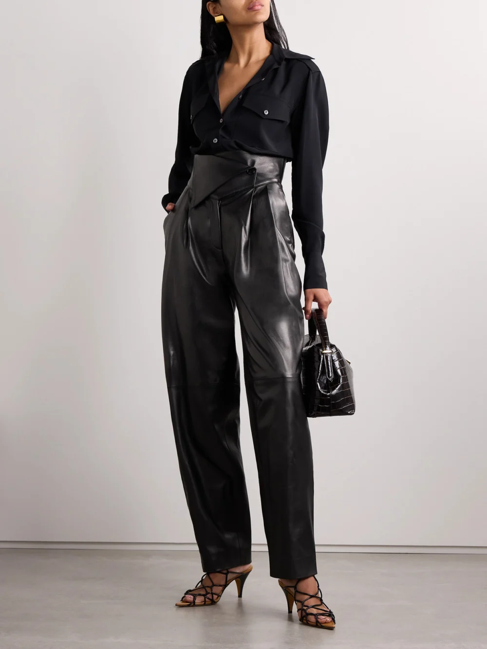 Salon 1884 Rekian Pleated Leather Tapered Pants, worn by a model