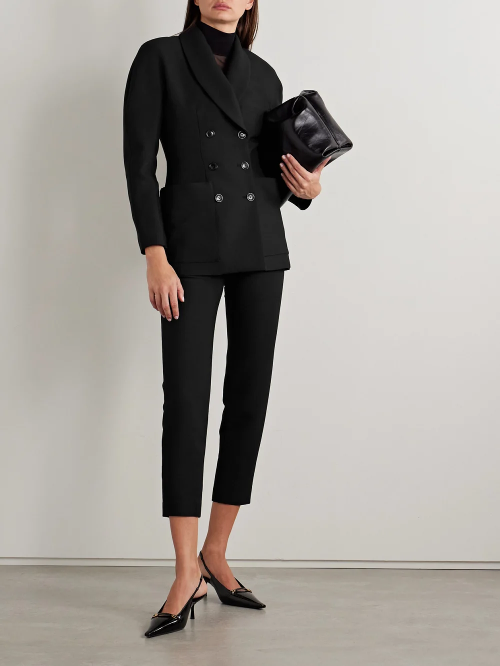 Salon 1884 Simone Double-breasted Wool and Silk-blend Twill Blazer, worn by a model