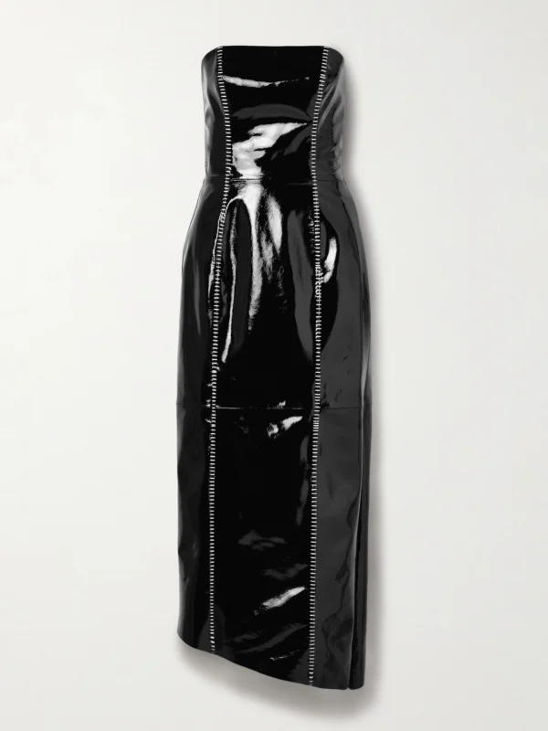 Salon 1884 Sioux Strapless Asymmetric Whipstitched Patent-leather Dress