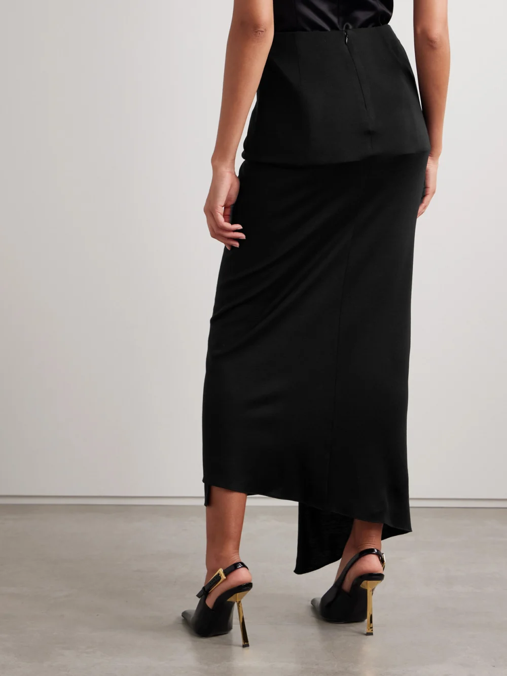 Back view of the Salon 1884 Zadie Tie-detailed Draped Wool-jersey Midi Skirt