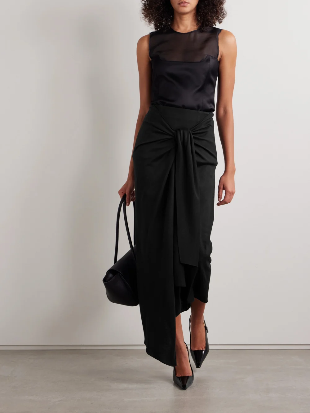 Salon 1884 Zadie Tie-detailed Draped Wool-jersey Midi Skirt, worn by a model