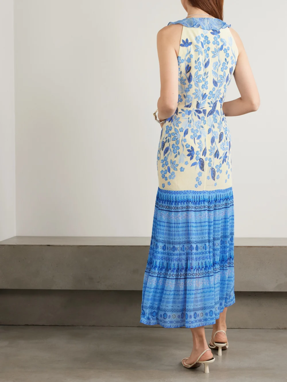 Back view of the Saloni Amy Ruffled Printed Plissé Silk-georgette Midi Dress