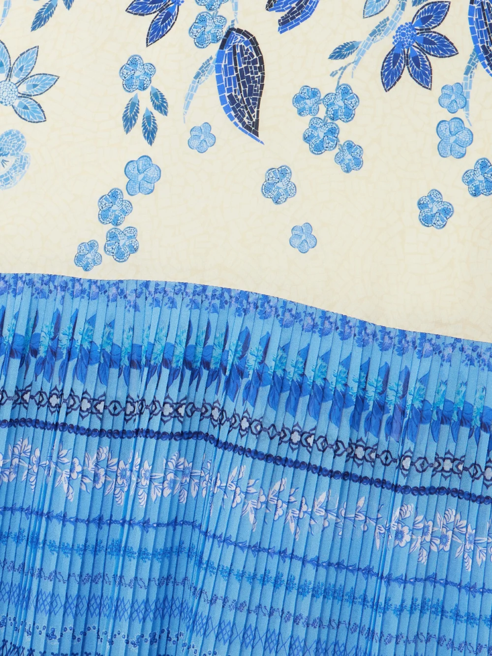 Close-up detail of the Saloni Amy Ruffled Printed Plissé Silk-georgette Midi Dress