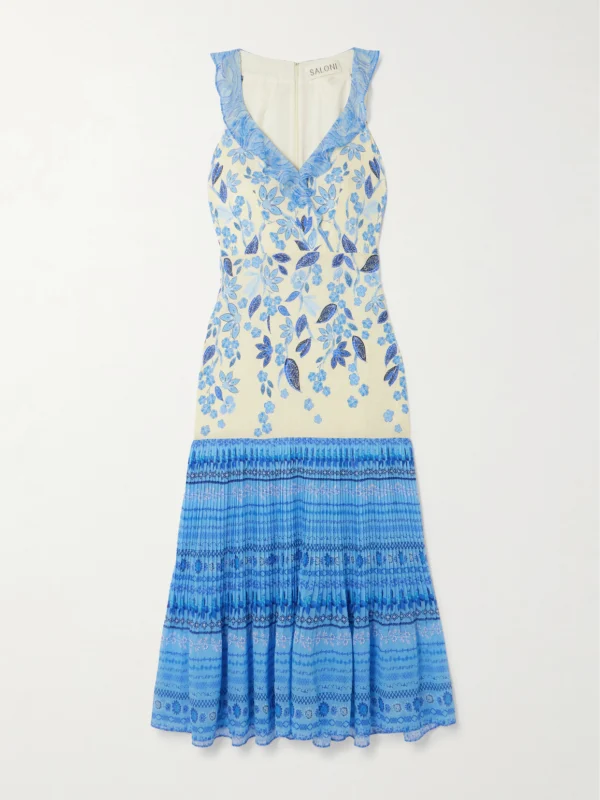Saloni Amy Ruffled Printed Plissé Silk-georgette Midi Dress