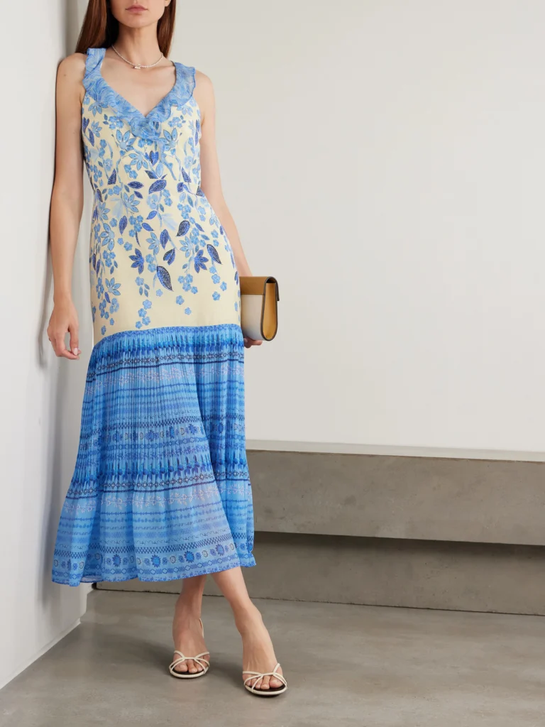 Saloni Amy Ruffled Printed Plissé Silk-georgette Midi Dress