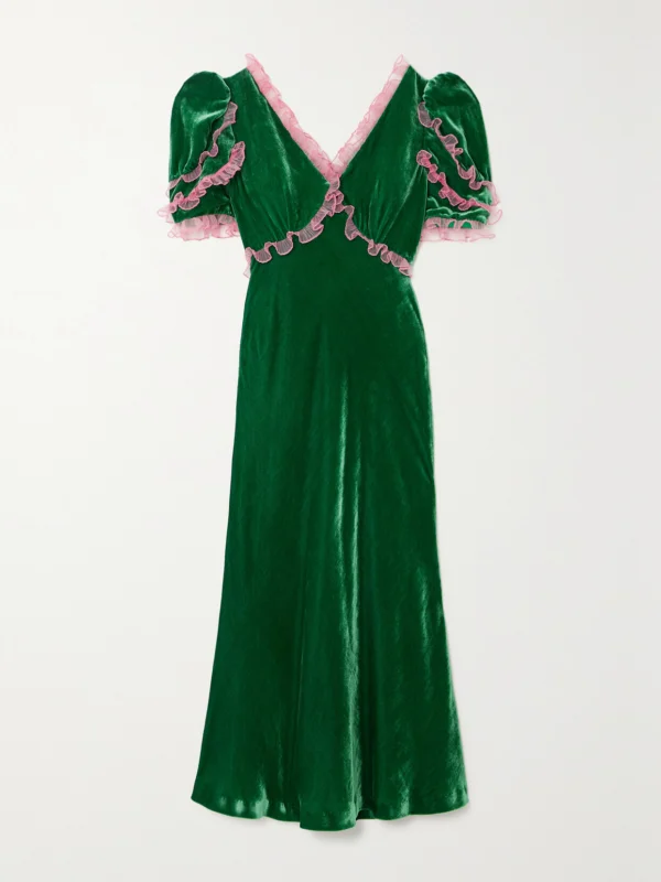 Saloni Anais Ruffled Tulle-trimmed Velvet Midi Dress