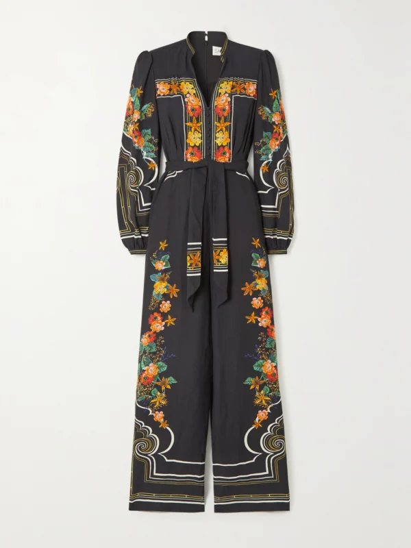 Saloni Bryce Belted Printed Crepe Jumpsuit