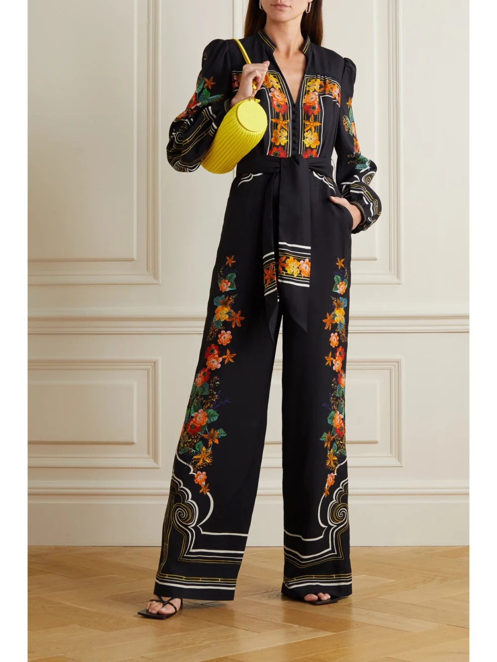 Saloni Bryce Belted Printed Crepe Jumpsuit, worn by a model