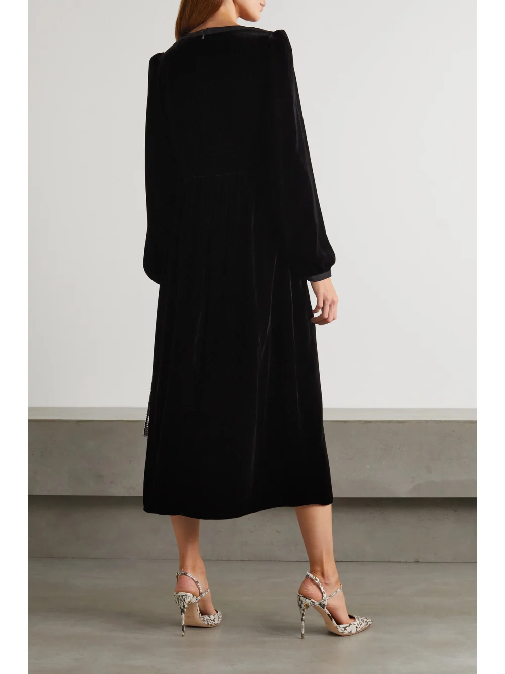 Back view of the Saloni Camille Bow-embellished Velvet Midi Dress