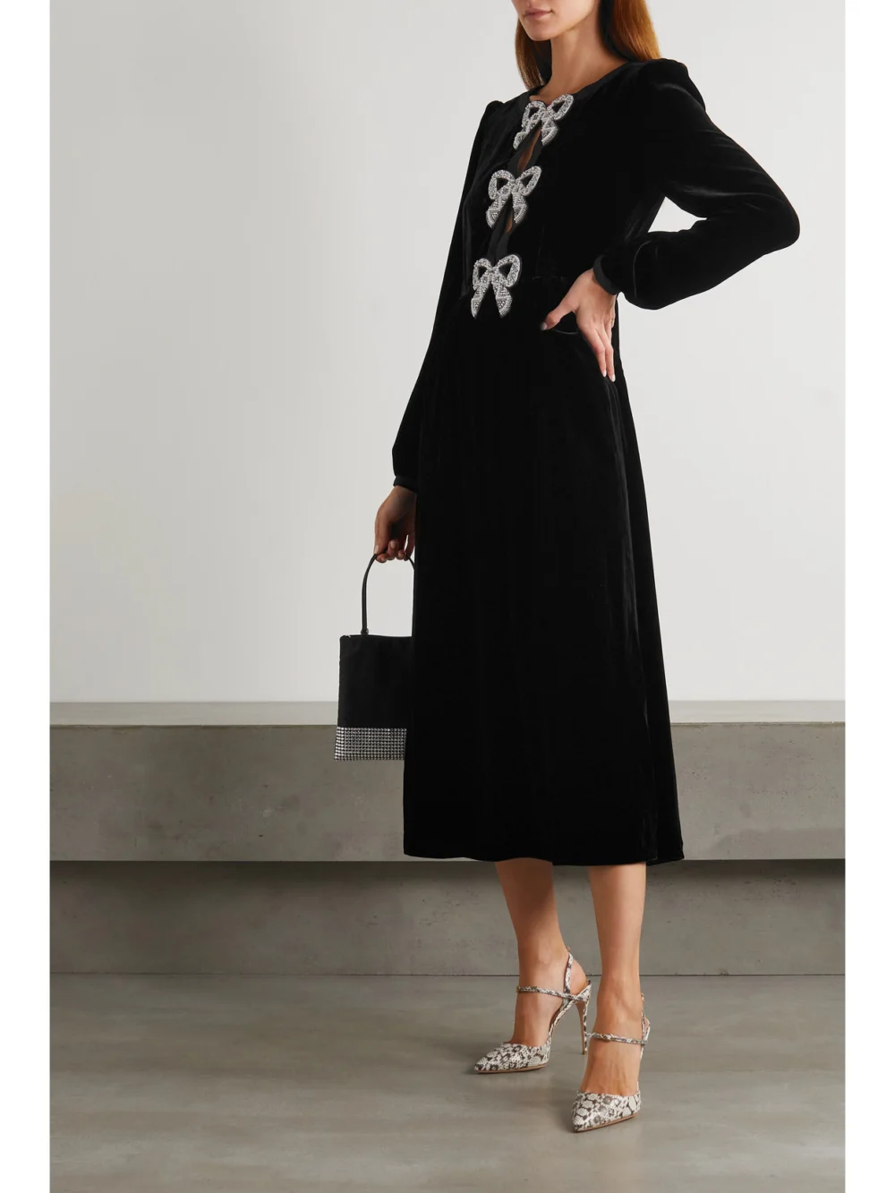 Saloni Camille Bow-embellished Velvet Midi Dress, worn by a model