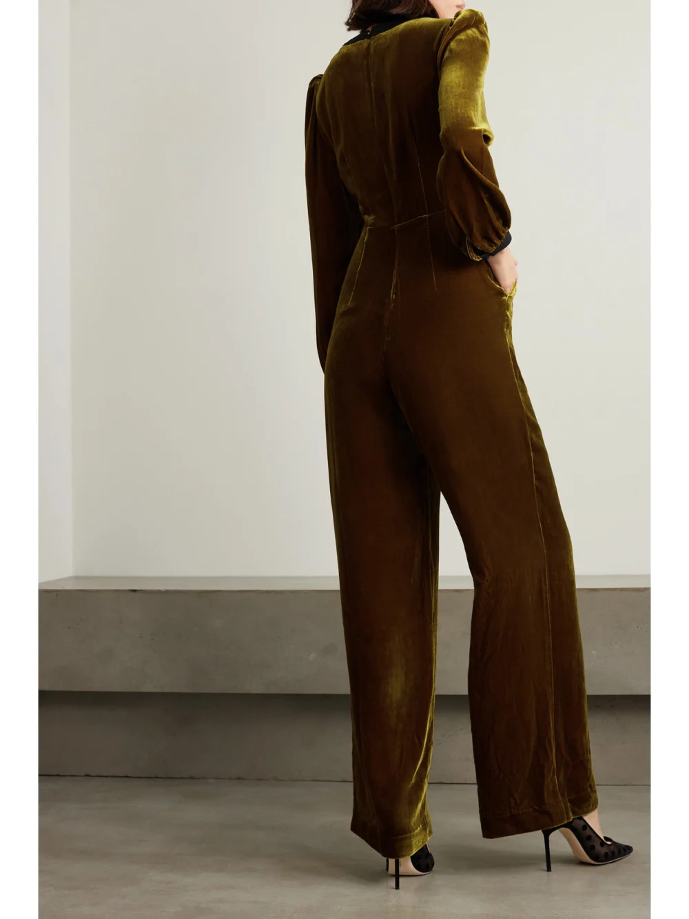 Back view of the Saloni Camille Cutout Embellished Velvet Jumpsuit