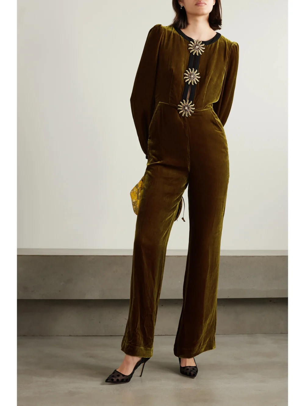 Saloni Camille Cutout Embellished Velvet Jumpsuit, worn by a model