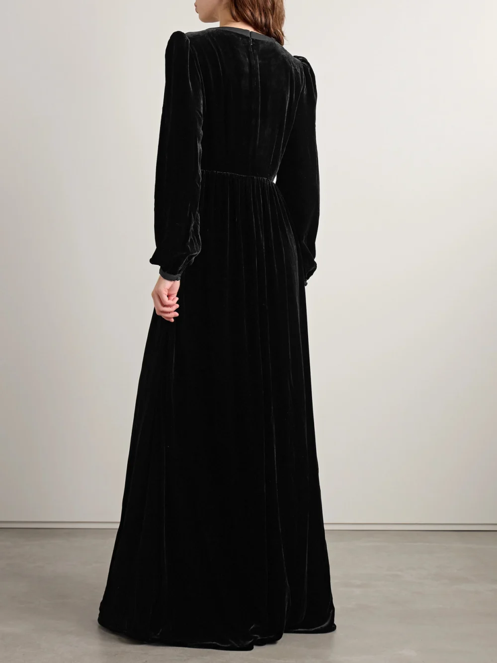 Back view of the Saloni Camille Embellished Velvet Gown