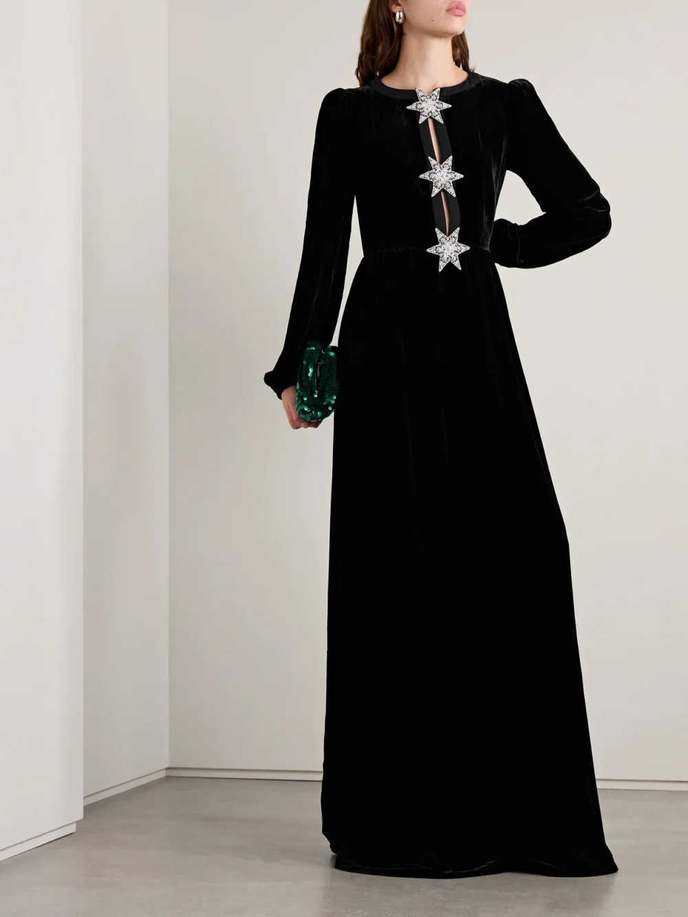 Saloni Camille Embellished Velvet Gown, worn by a model