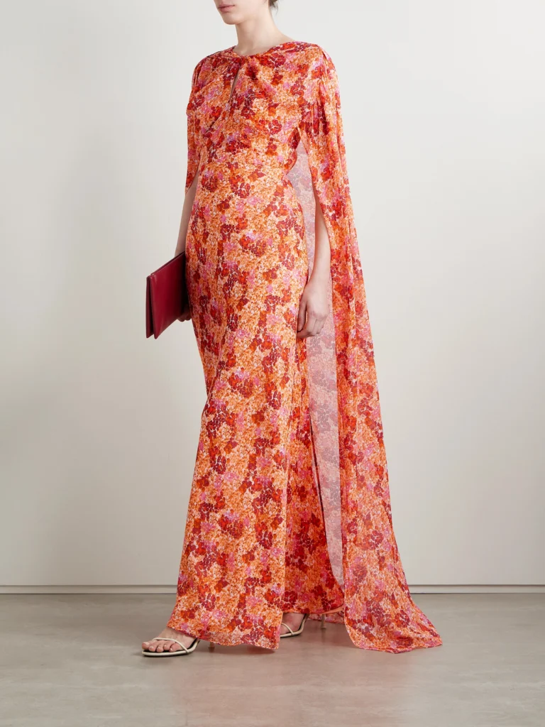 Saloni Claudia Cape-effect Floral-print Silk-georgette Gown
