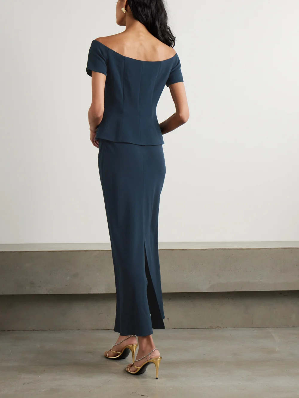 Back view of the Saloni Clementine Off-the-shoulder Embellished Cady Midi Dress