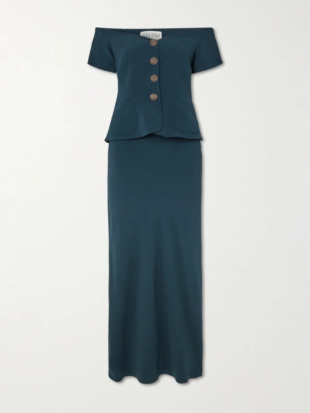 Saloni Clementine Off-the-shoulder Embellished Cady Midi Dress in navy