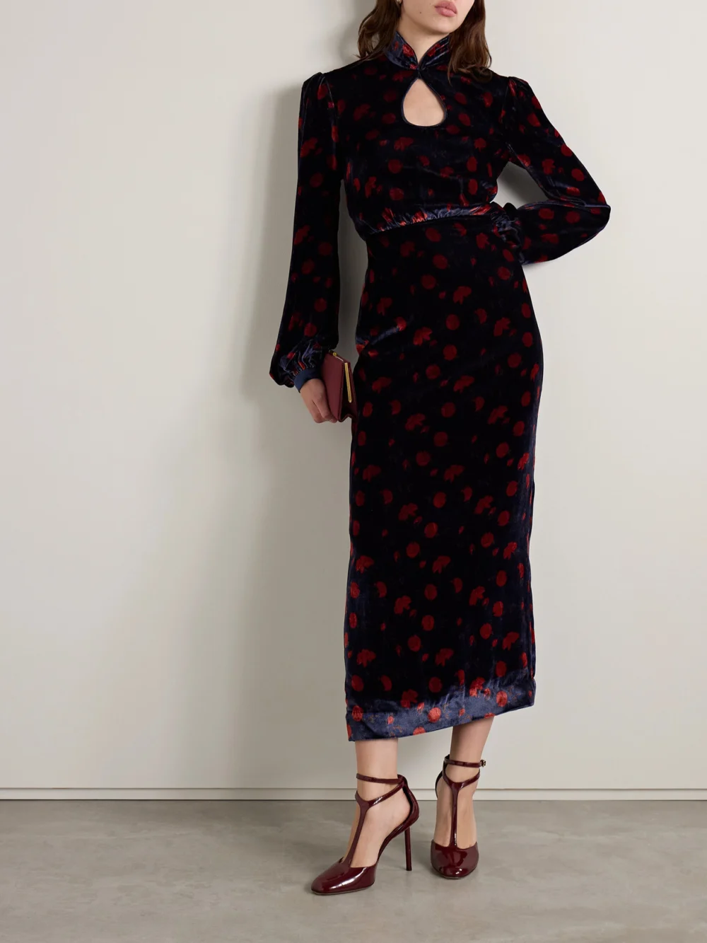 Saloni Domino Cutout Floral-print Velvet Turtleneck Midi Dress, worn by a model