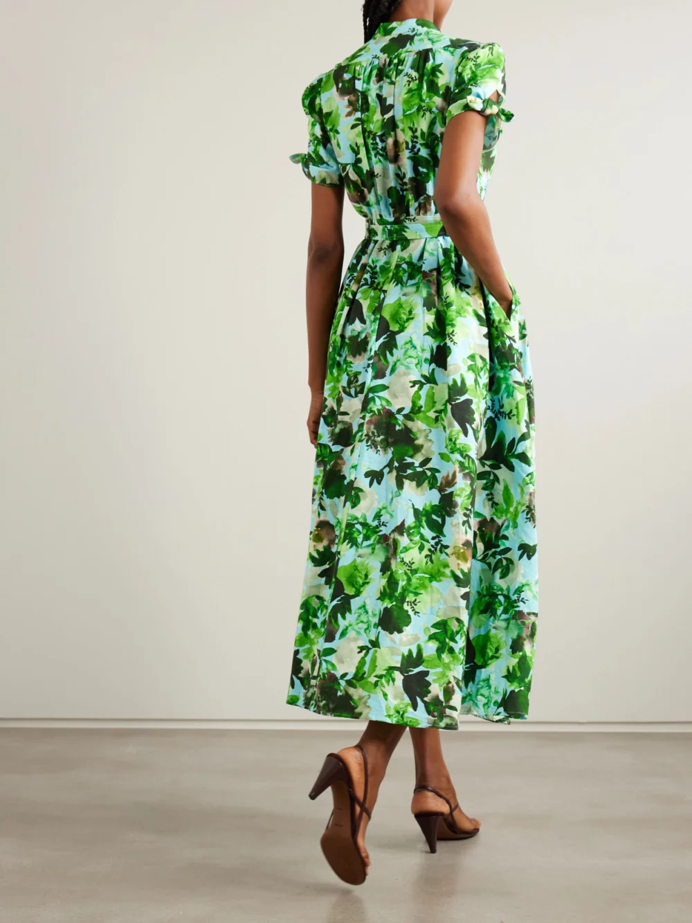 Back view of the Saloni Ena Belted Printed Cotton Midi Dress