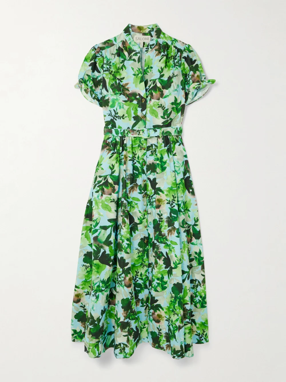 Saloni Ena Belted Printed Cotton Midi Dress in green