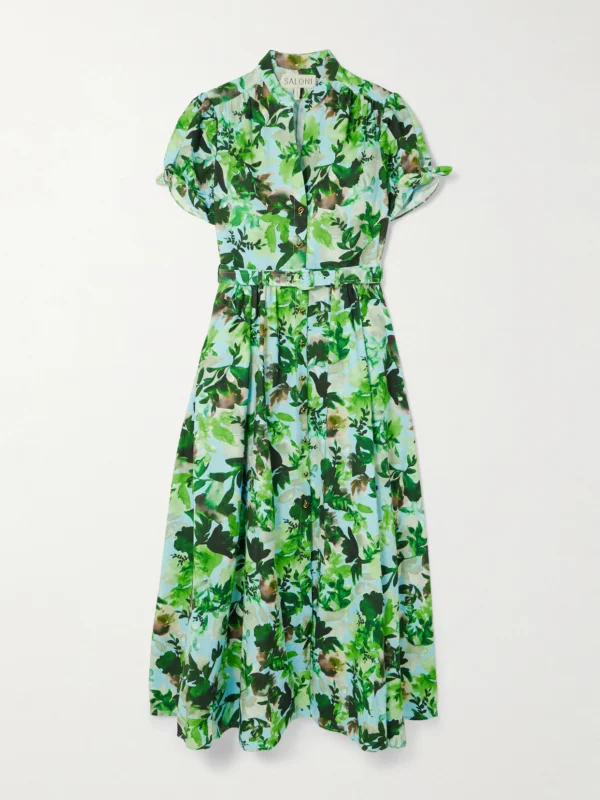 Saloni Ena Belted Printed Cotton Midi Dress