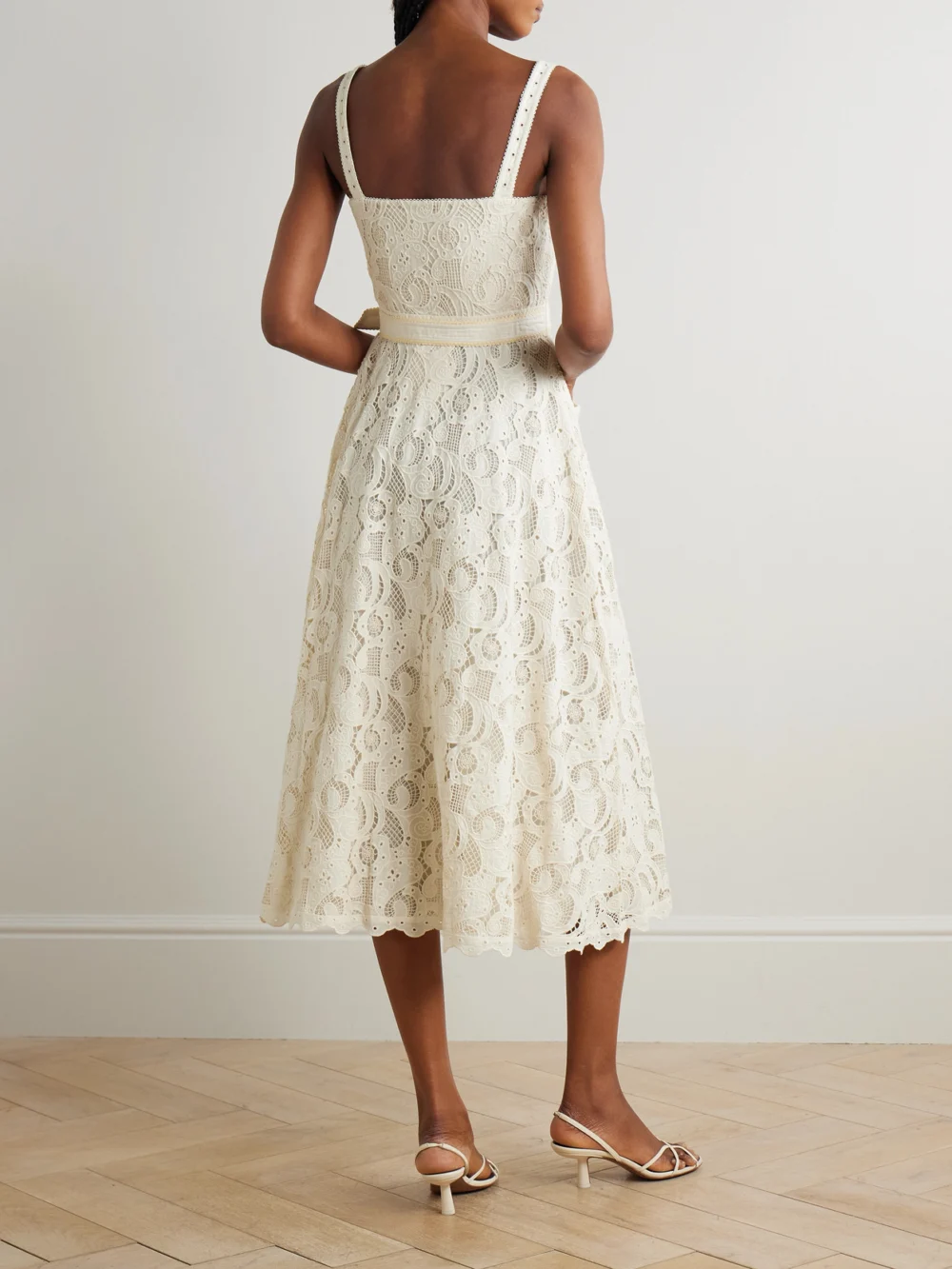 Back view of the Saloni Fara Belted Broderie Anglaise Cotton Midi Dress