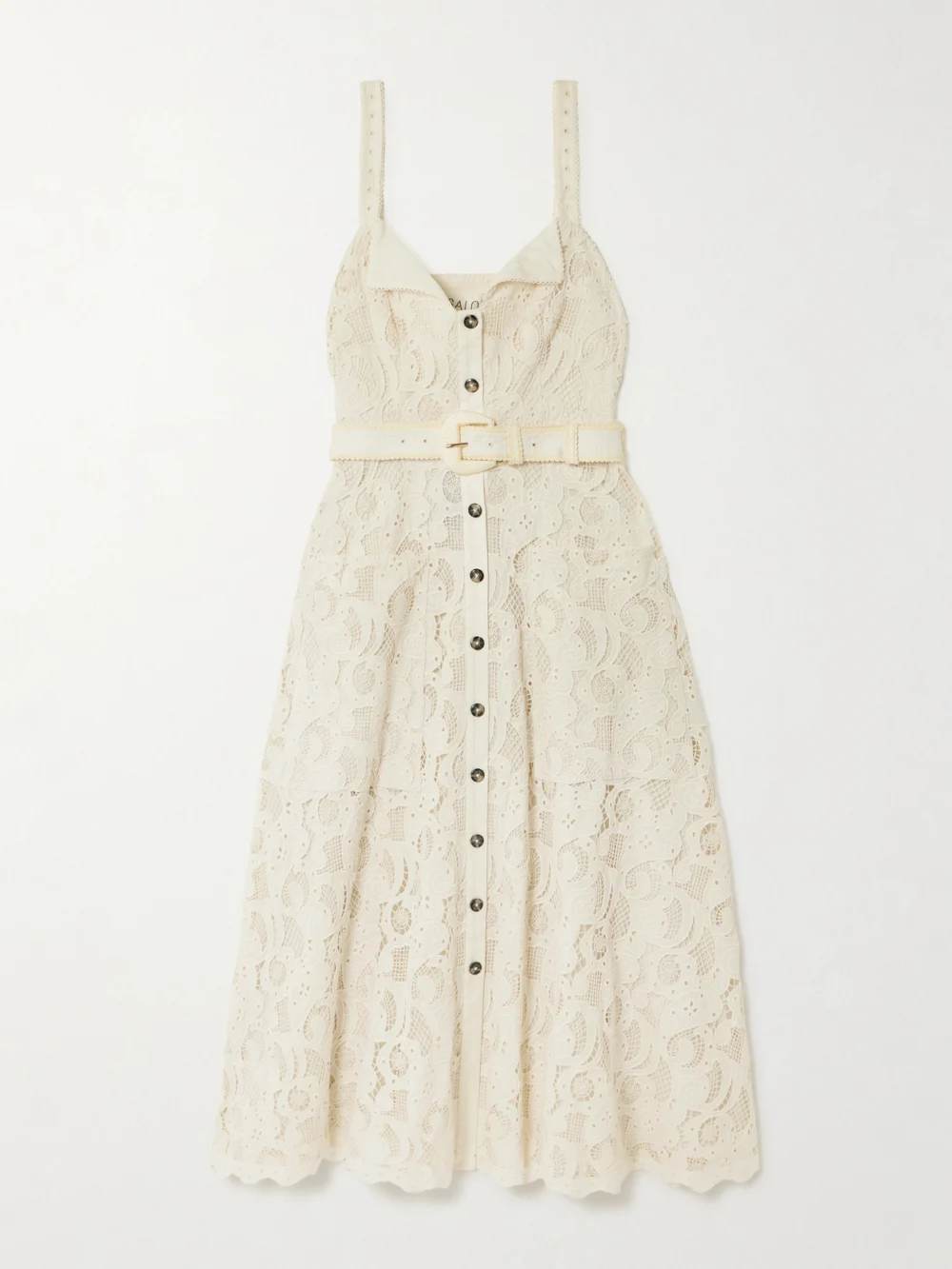 Saloni Fara Belted Broderie Anglaise Cotton Midi Dress in cream