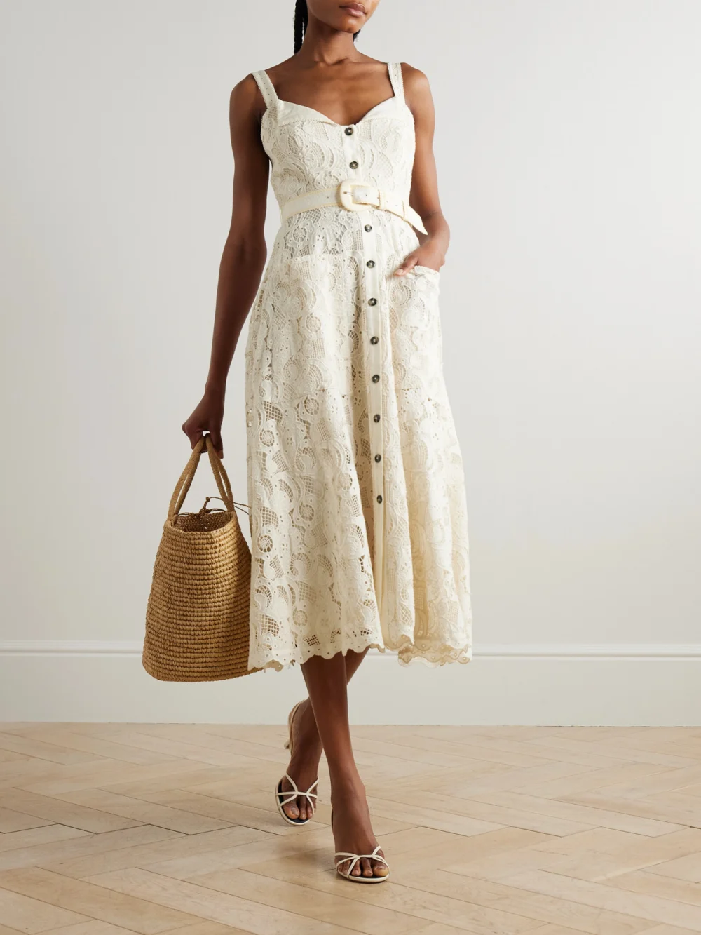 Saloni Fara Belted Broderie Anglaise Cotton Midi Dress, worn by a model