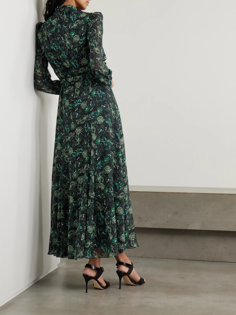 Back view of the Saloni Jacqui B Belted Printed Silk-georgette Midi Dress