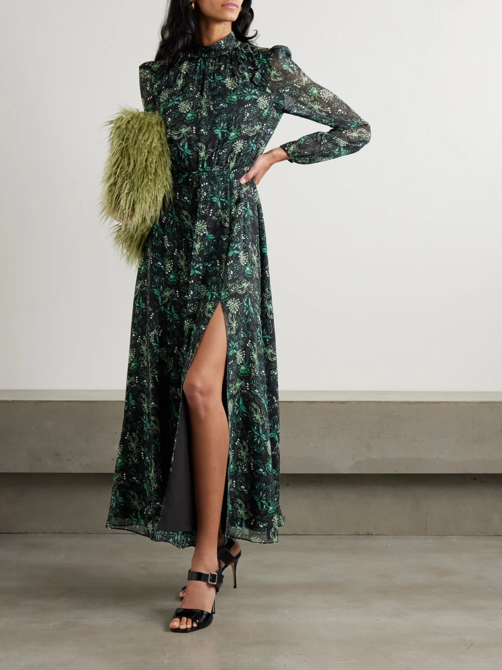 Saloni Jacqui B Belted Printed Silk-georgette Midi Dress, worn by a model