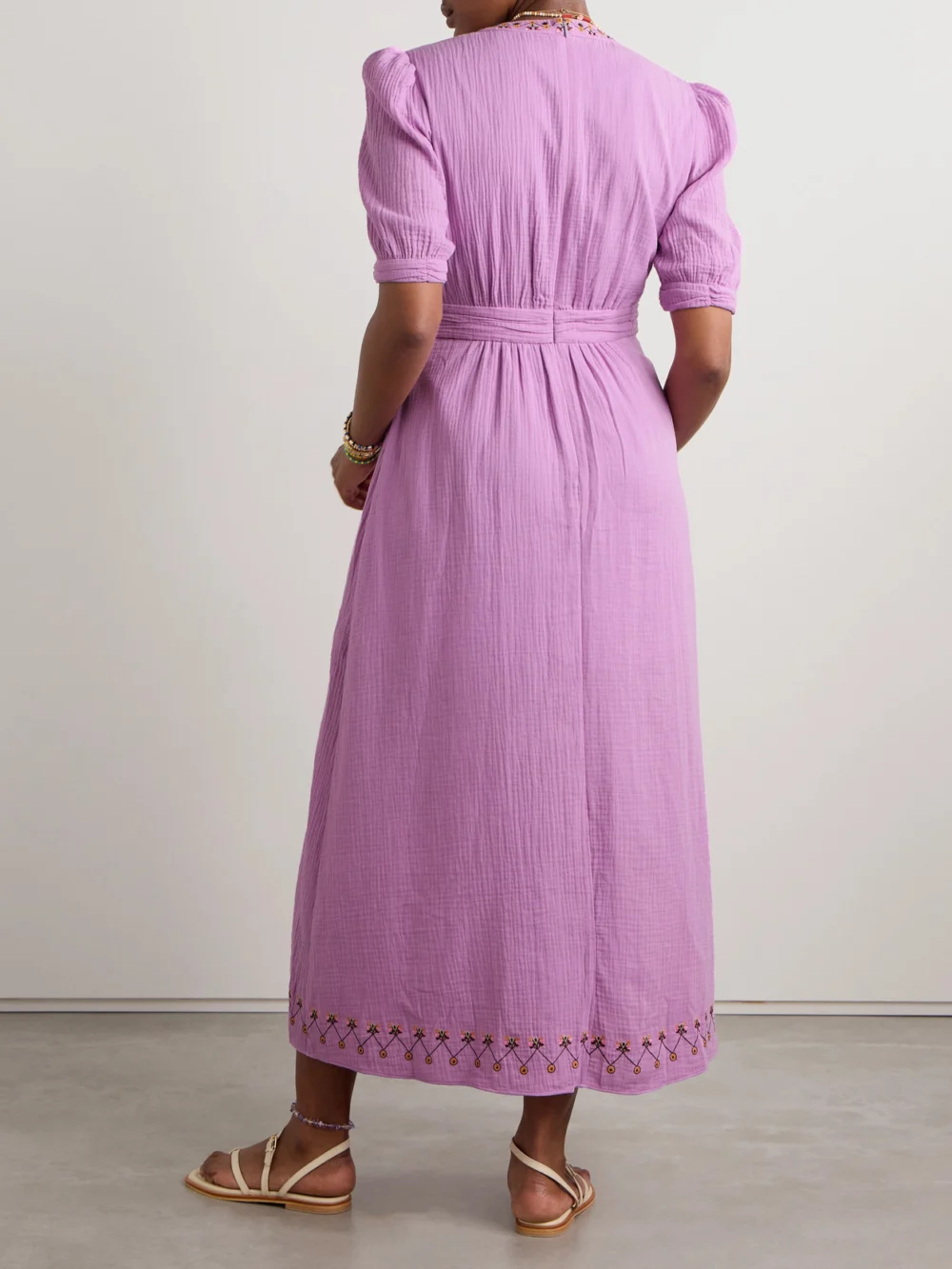 Back view of the Saloni Jamie Tie-detailed Embroidered Cotton-seersucker Midi Dress