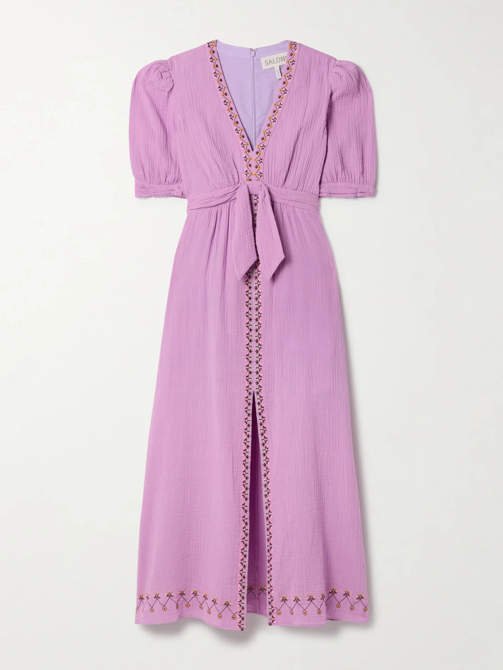 Saloni Jamie Tie-detailed Embroidered Cotton-seersucker Midi Dress in lilac