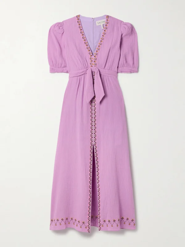 Saloni Jamie Tie-detailed Embroidered Cotton-seersucker Midi Dress