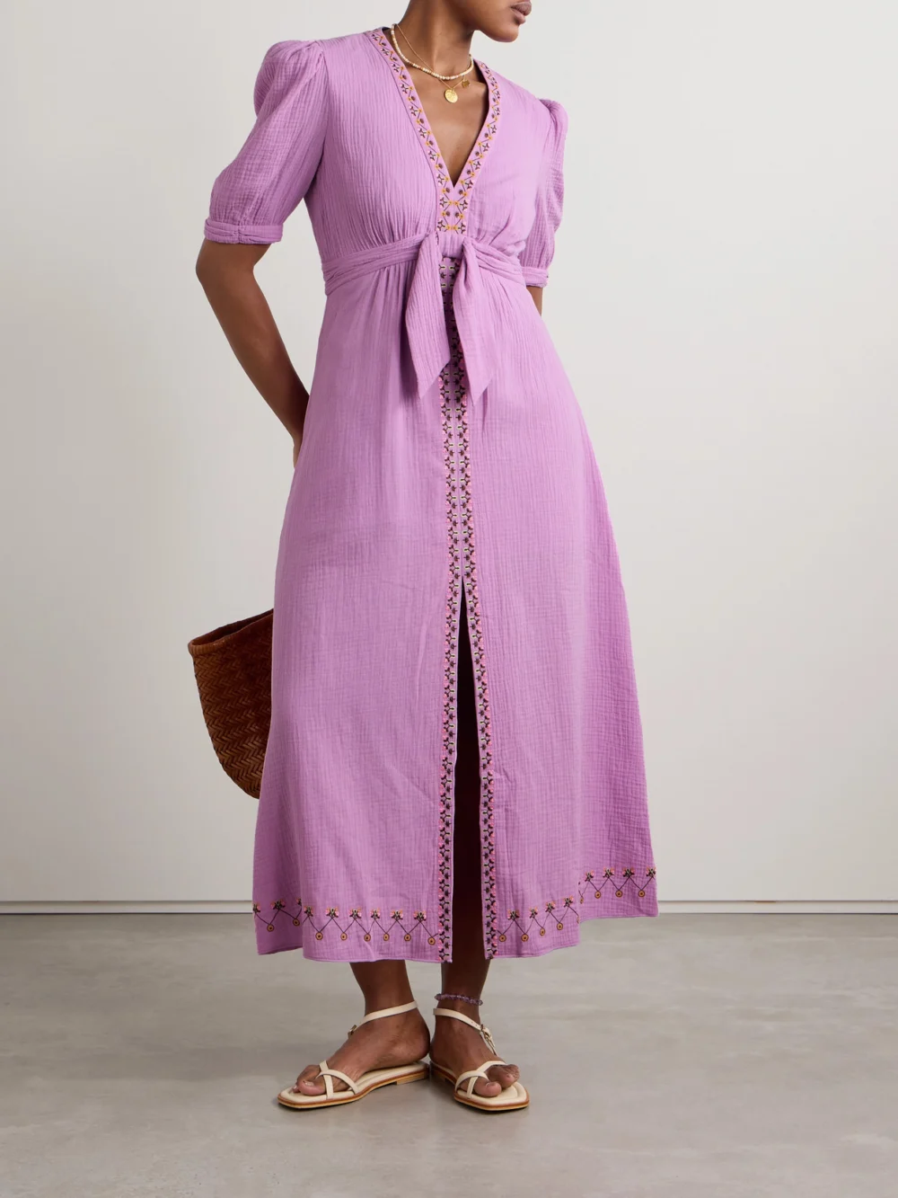 Saloni Jamie Tie-detailed Embroidered Cotton-seersucker Midi Dress, worn by a model