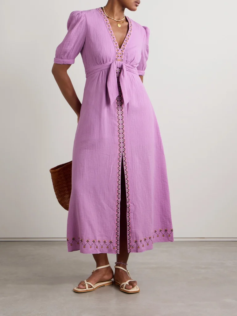 Saloni Jamie Tie-detailed Embroidered Cotton-seersucker Midi Dress