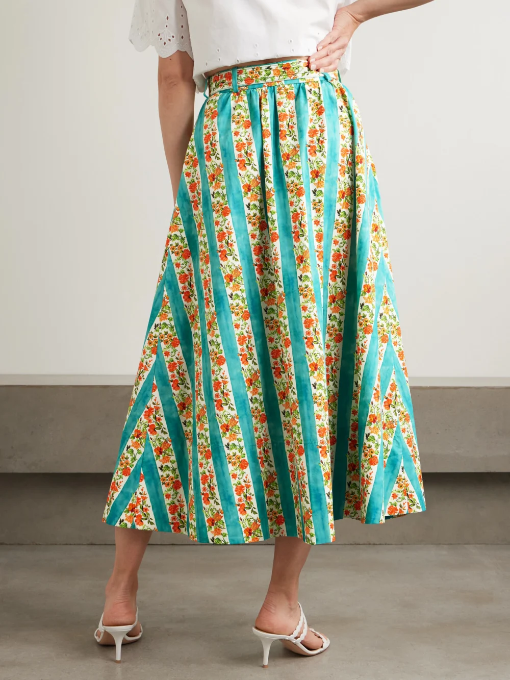 Back view of the Saloni Kirat Belted Striped Floral-print Cotton-poplin Midi Skirt