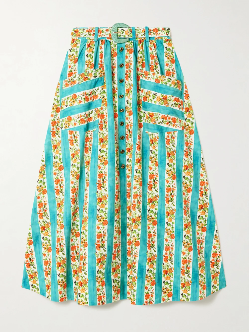 Saloni Kirat Belted Striped Floral-print Cotton-poplin Midi Skirt in turquoise