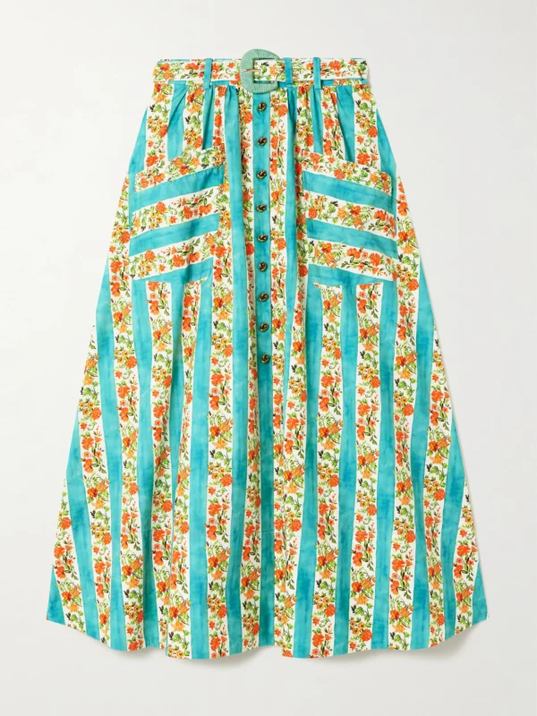 Saloni Kirat Belted Striped Floral-print Cotton-poplin Midi Skirt