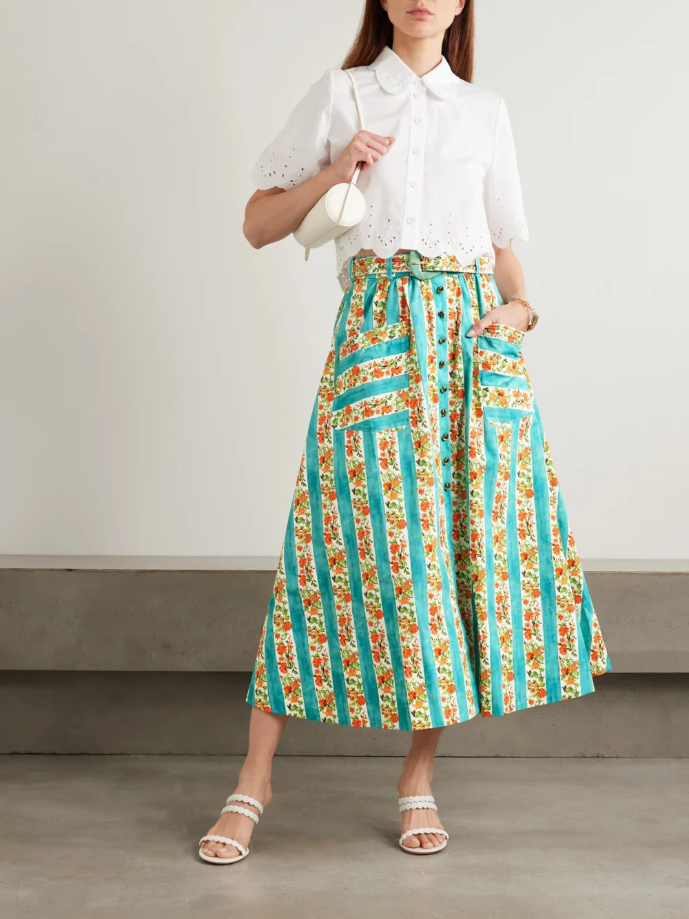 Saloni Kirat Belted Striped Floral-print Cotton-poplin Midi Skirt, worn by a model