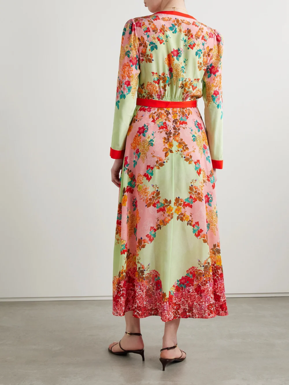 Back view of the Saloni Lea Belted Floral-print Silk Crepe De Chine Maxi Dress