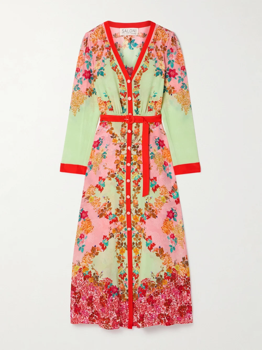 Saloni Lea Belted Floral-print Silk Crepe De Chine Maxi Dress in red