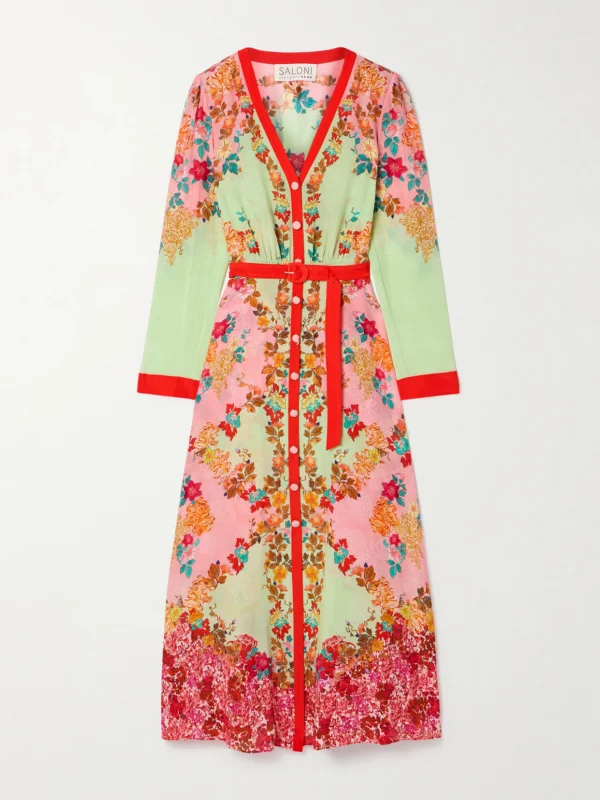 Saloni Lea Belted Floral-print Silk Crepe De Chine Maxi Dress