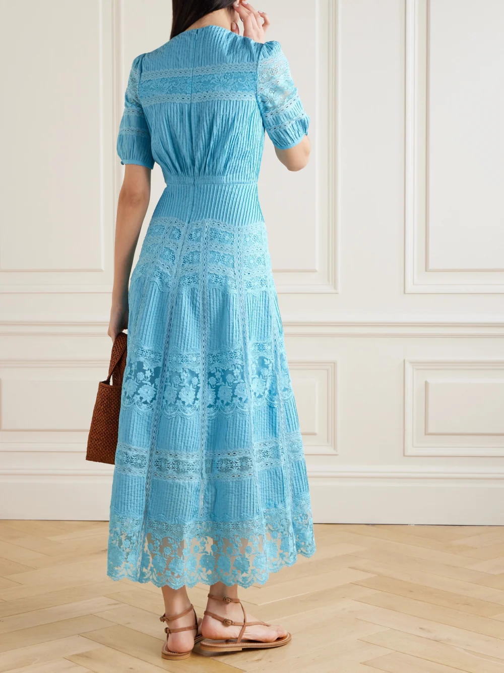 Back view of the Saloni Lea Paneled Pintucked Lace and Cotton-voile Midi Dress