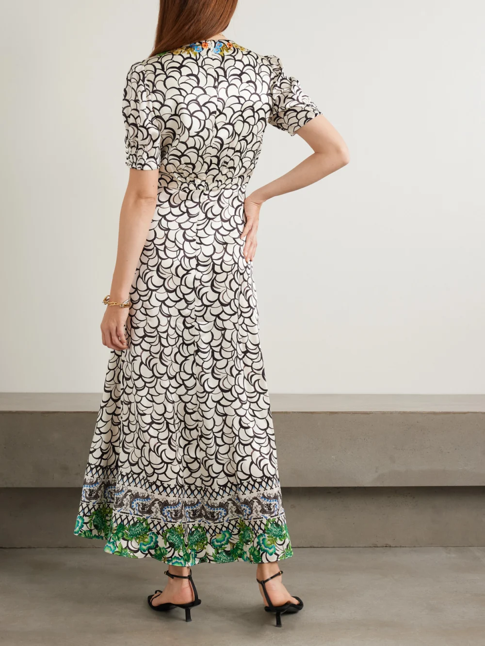Back view of the Saloni Lea Printed Silk-satin Maxi Dress