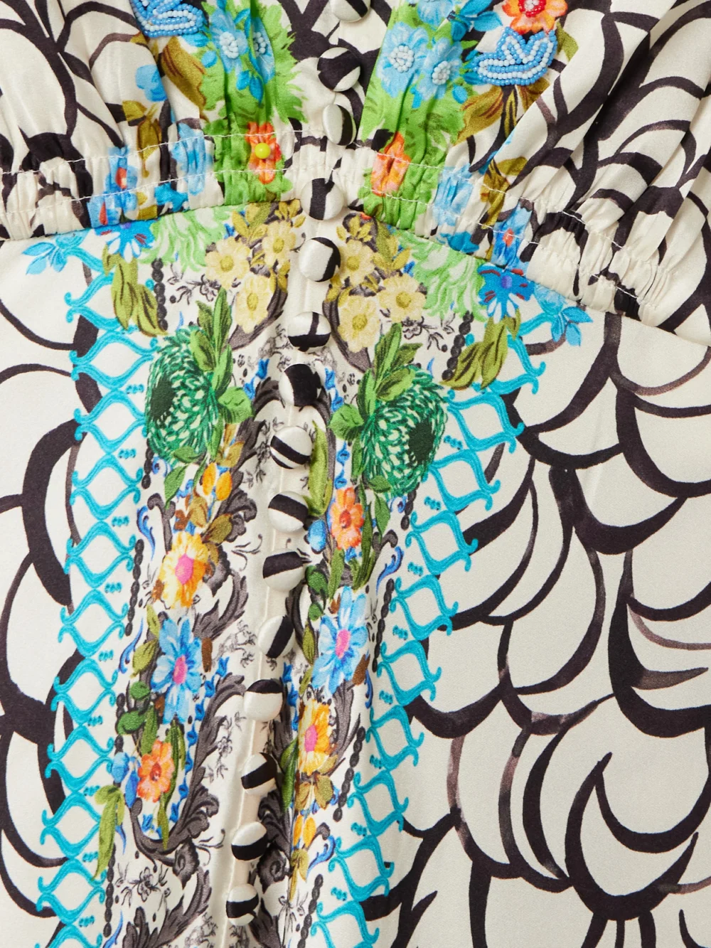 Close-up detail of the Saloni Lea Printed Silk-satin Maxi Dress