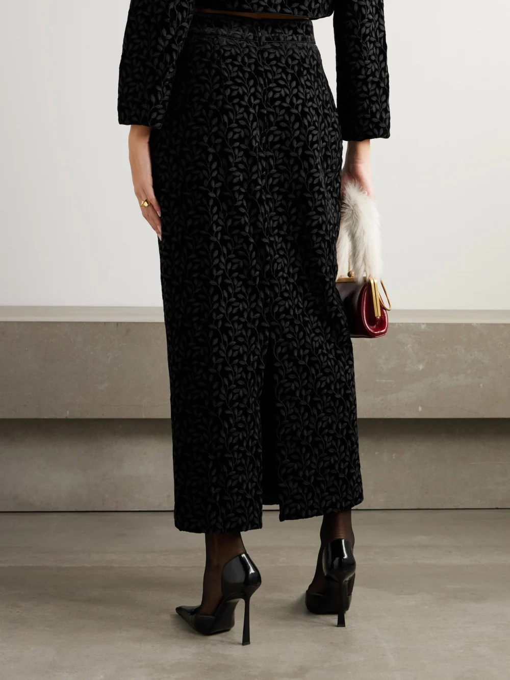 Back view of the Saloni Nat Satin-trimmed Embroidered Velvet Midi Skirt