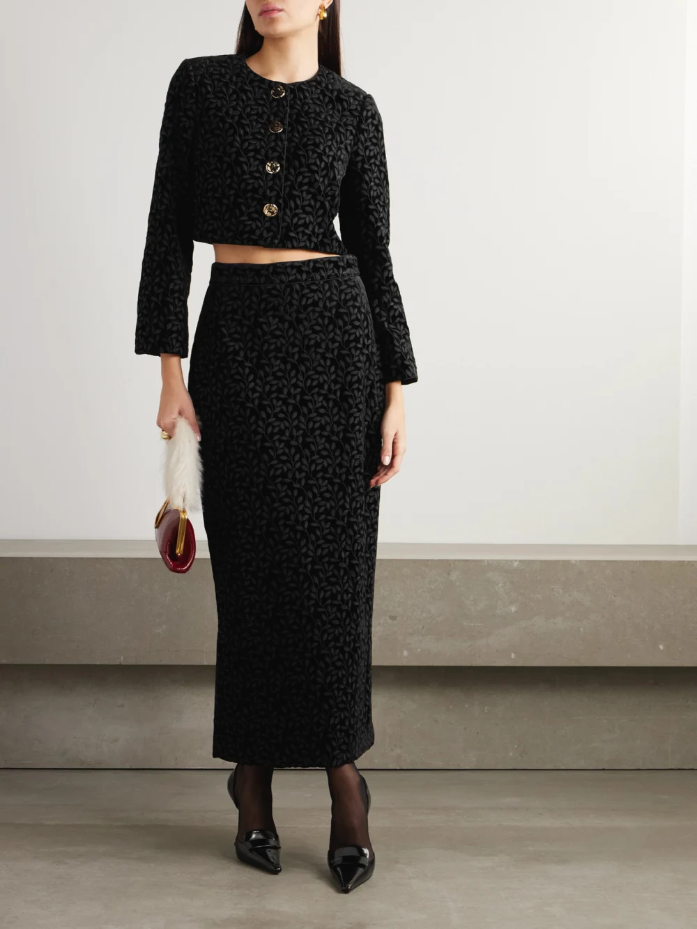 Saloni Nat Satin-trimmed Embroidered Velvet Midi Skirt, worn by a model